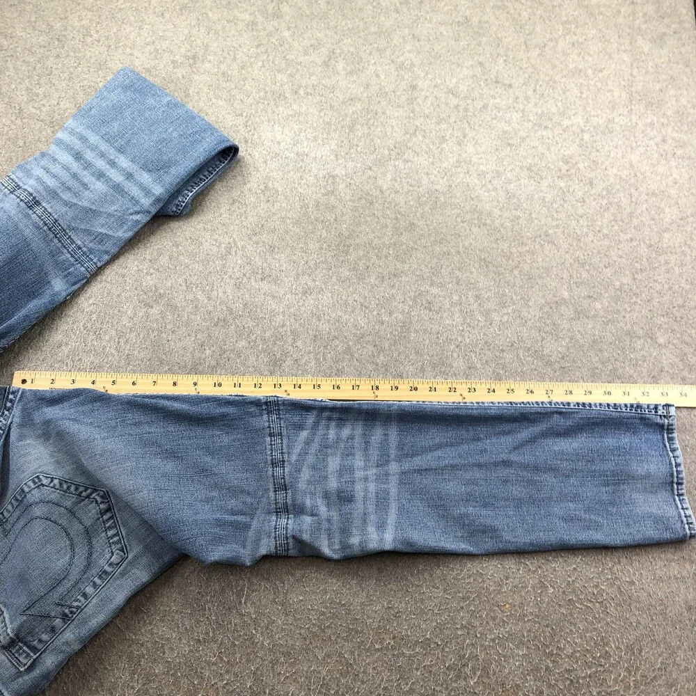 True Religion Jeans Mens 36x33 Blue Light Wash Regular Straight Moto Biker Denim